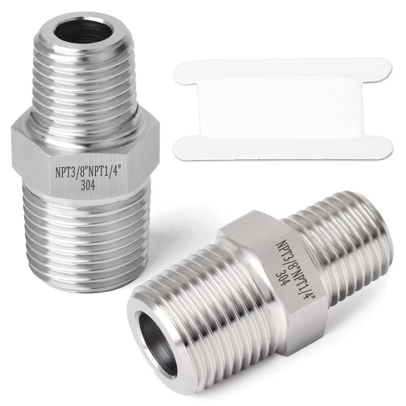 TAISHER 2PCS 304 Stainless Steel Hex Nipple, Reducer Pipe Fitting 3/8-Inch Male Pipe x 1/4-Inch Male Pipe - Image 1